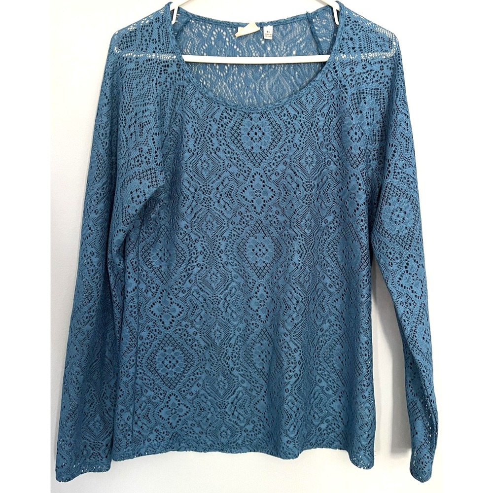 Mudd‎ Shirt Womens XL Teal Blue Crochet Lace Sheer Long Sleeve Scoop Neck Blouse